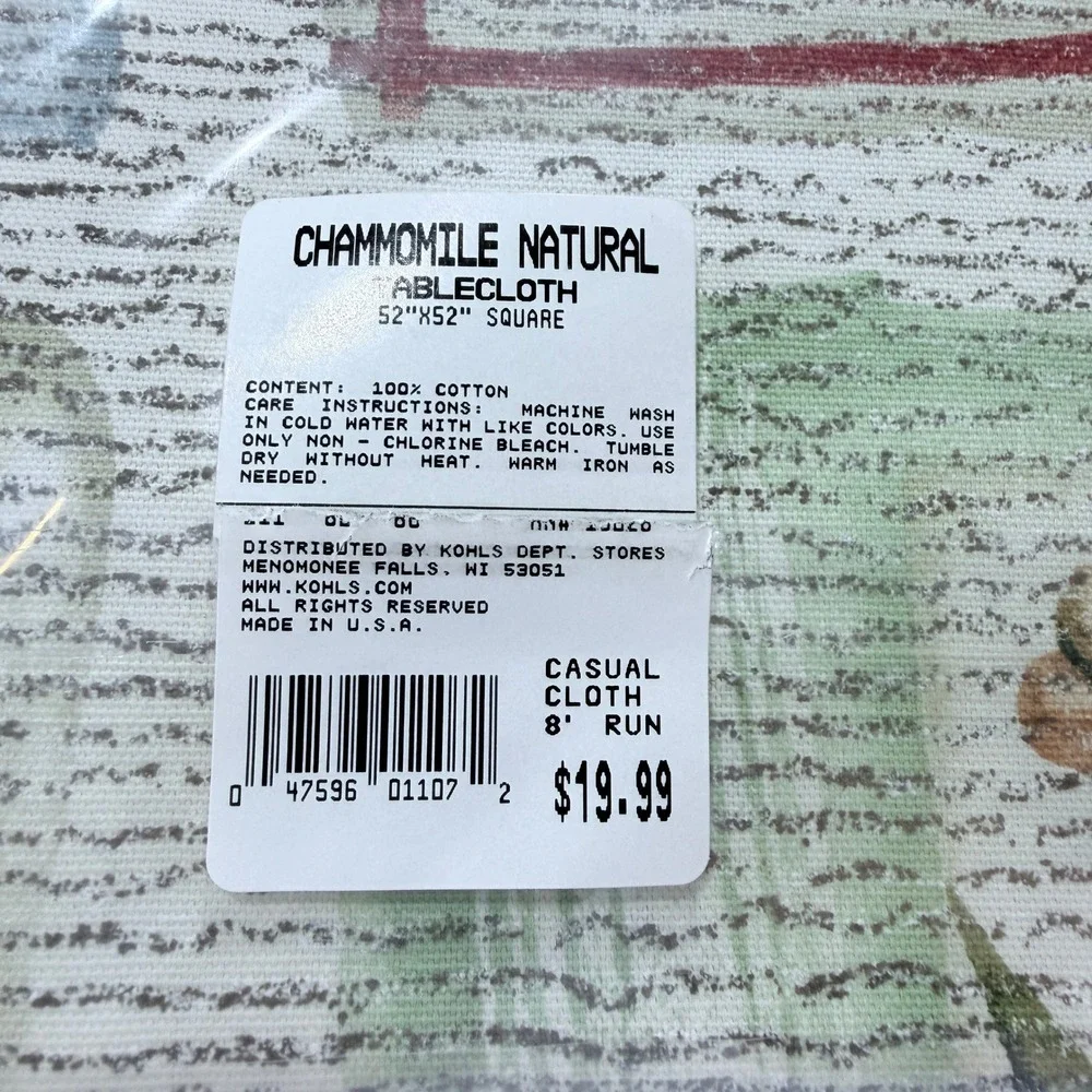 Bardwil Lifestyles Chamomile Natural Tablecloth 52x52 Square Cotton Floral 316B5
